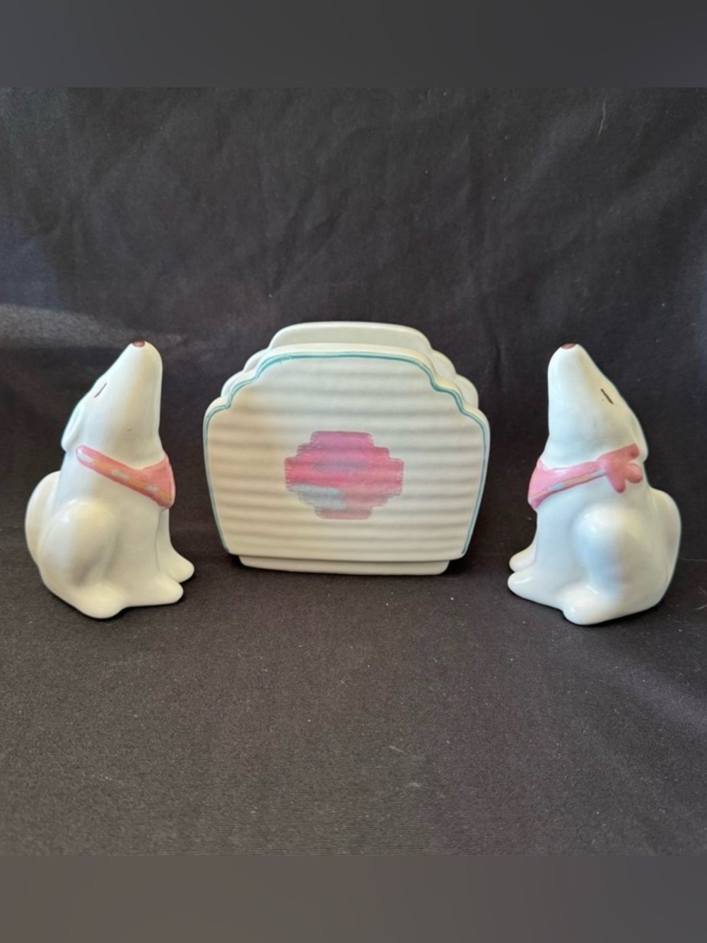 Vintage Treasure Craft Mirage Ceramic Napkin Holder, Wolf Salt & Pepper Shakers